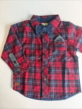 NWT Nano Red & Navy Plaid Button-Down Shirt with Navy Bow Tie | 12 months